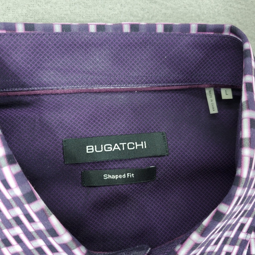 Lot 4 Bugatchi Print Plaid Cuff Long‎ Sleeve Button Down Shirt Men L Shaped Fit - Picture 7 of 16